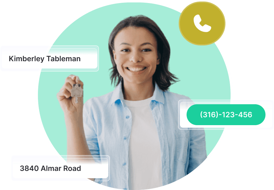 a woman with a green circle and a white button